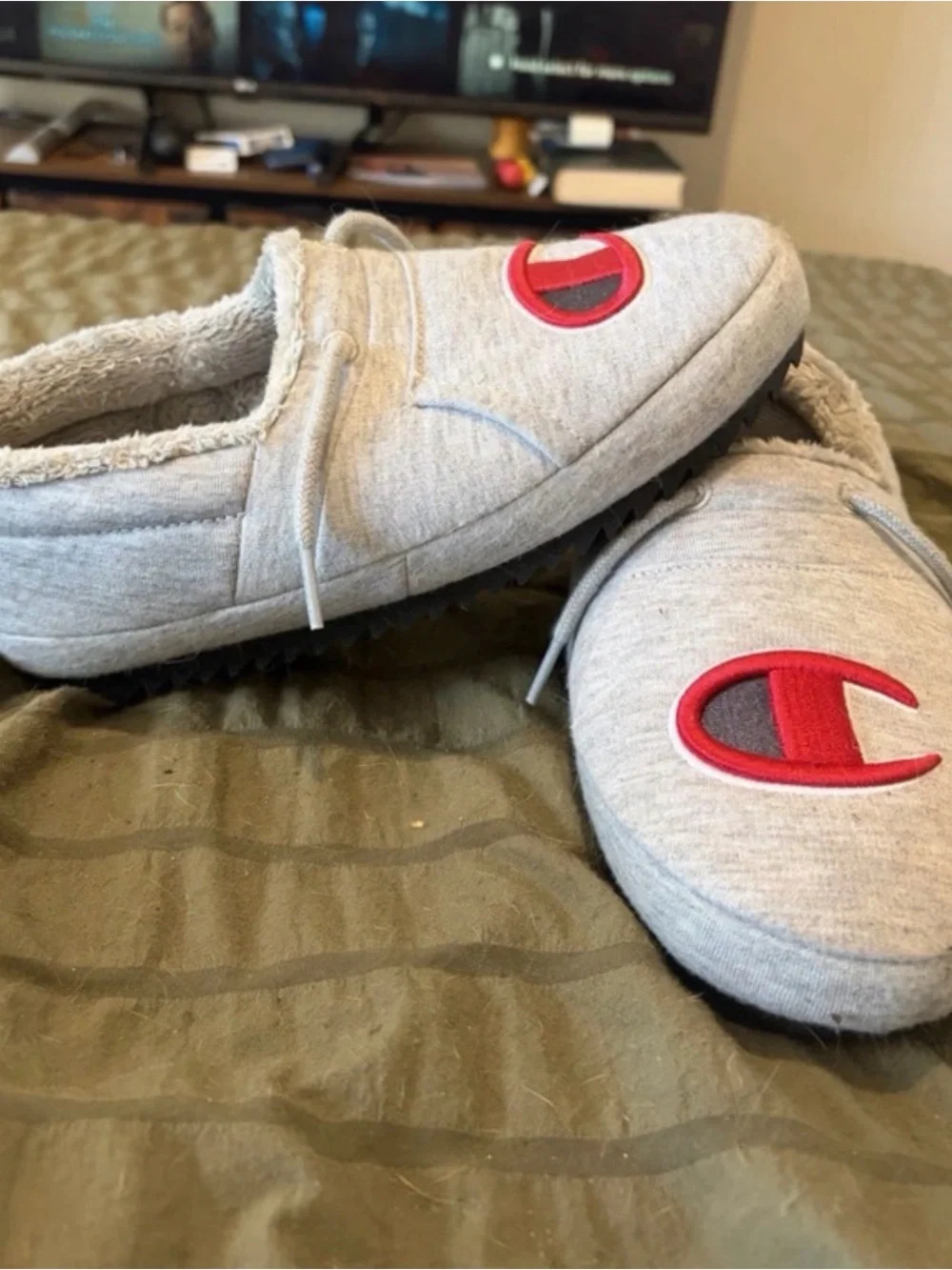 Champion Light Gray Slip-On Slippers with Red Logo